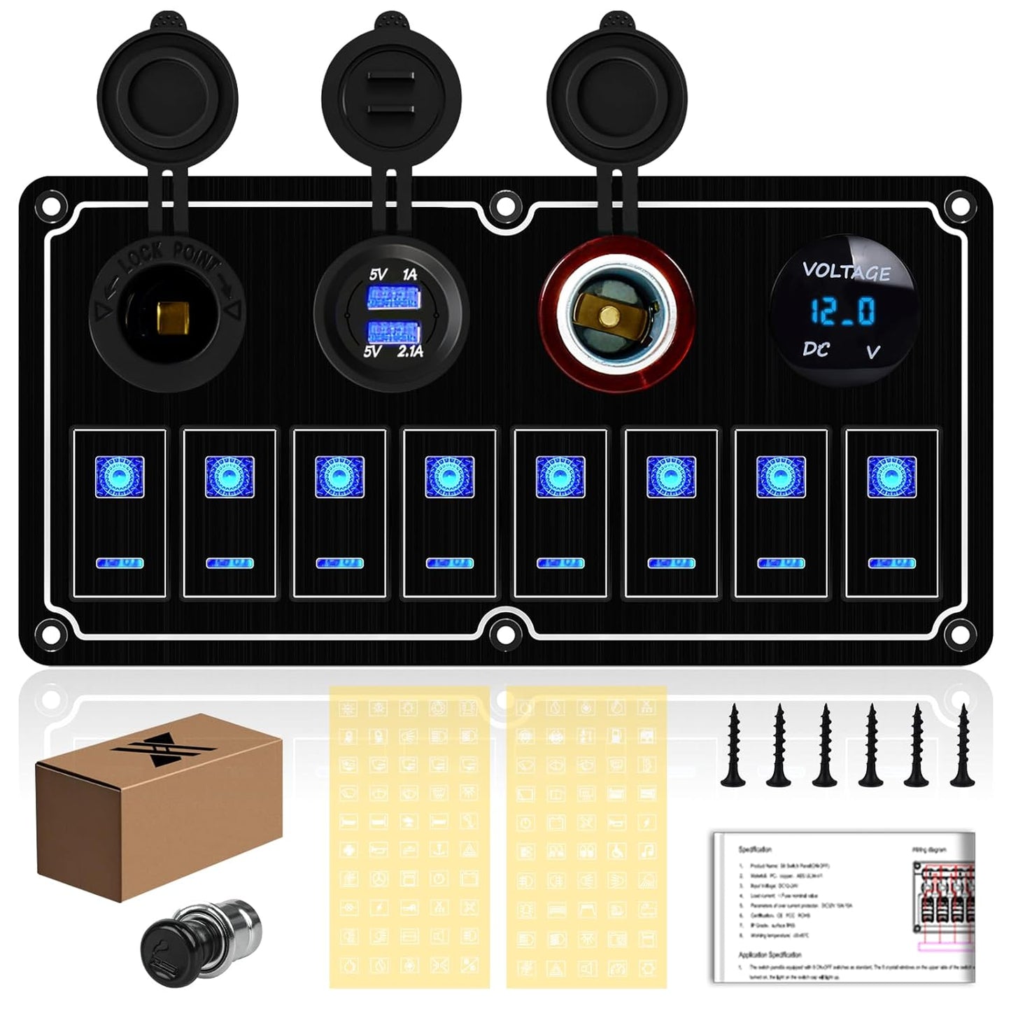 Waterproof 8 Gang Toggle Switch Panel with Dual USB Charger & Voltmeter - Overload Protection for RV, Marine, Car, Truck - Compatible with Auxbeam Boat Switch Panel