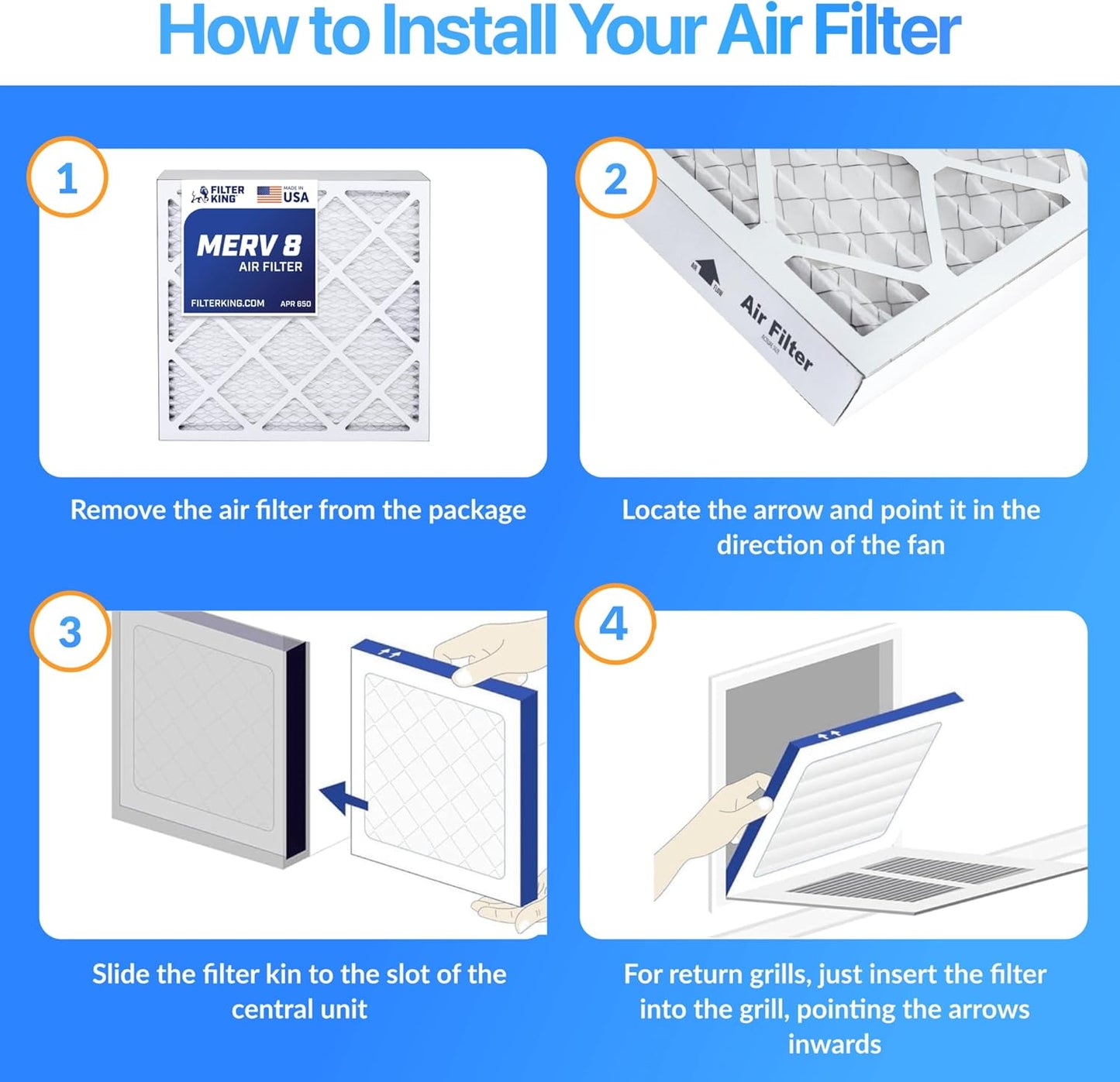 Filter King 34x7x1 Air Filter | 4-PACK | MERV 8 HVAC Pleated A/C Furnace Filters | MADE IN USA | Actual Size: 34 x 7 x .75"