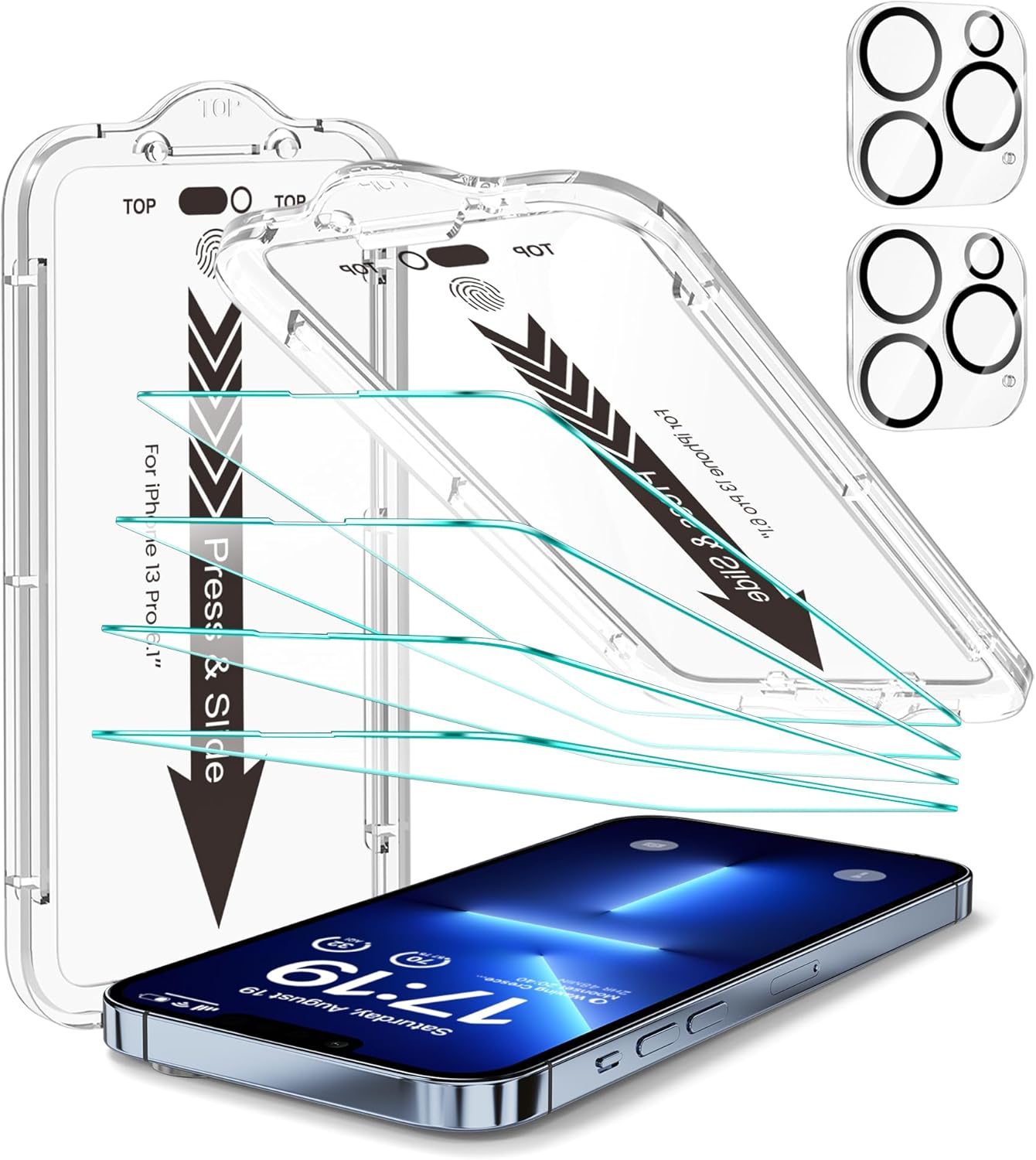 EZ-GLAZ- 4 Pack for iPhone 13 Pro Screen Protector [6.1"] With 2 Pack Camera Lens Protector, 9H+ Hardness 12FT Military Grade Shatterproof Scratch Resistant Durable Tempered Glass Film with Flawless Fit Kit, HD Clear