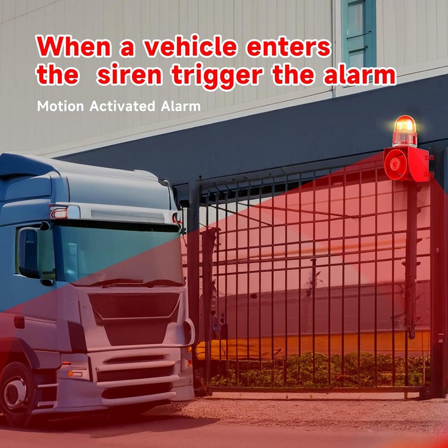 Motion Sensor Alarm 120dB Horn Adjustable Volume Tones Waterproof LED Strobe Light Sirens Motion Detector Alarm System for Home Factories, Warehouses and Docks Security AC110-120 V SLA-01W