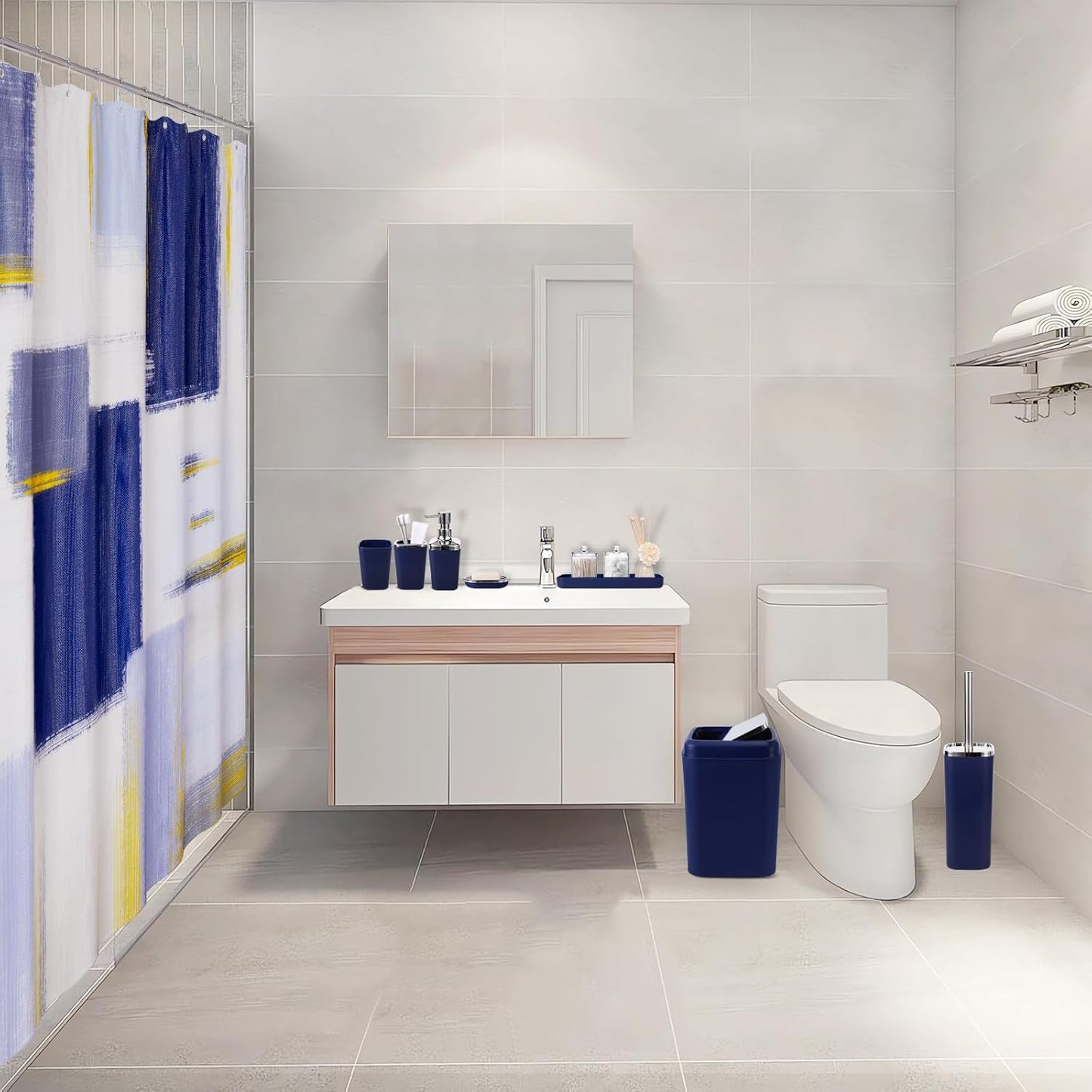 Blue Bathroom Accessories Set, Bathroom Sets with Shower Curtain, Navy Blue Bathroom Accessories with Trash Can, Soap Dispenser, Soap Dish, Toilet Brush Holder, Qtip Holders for Bathroom