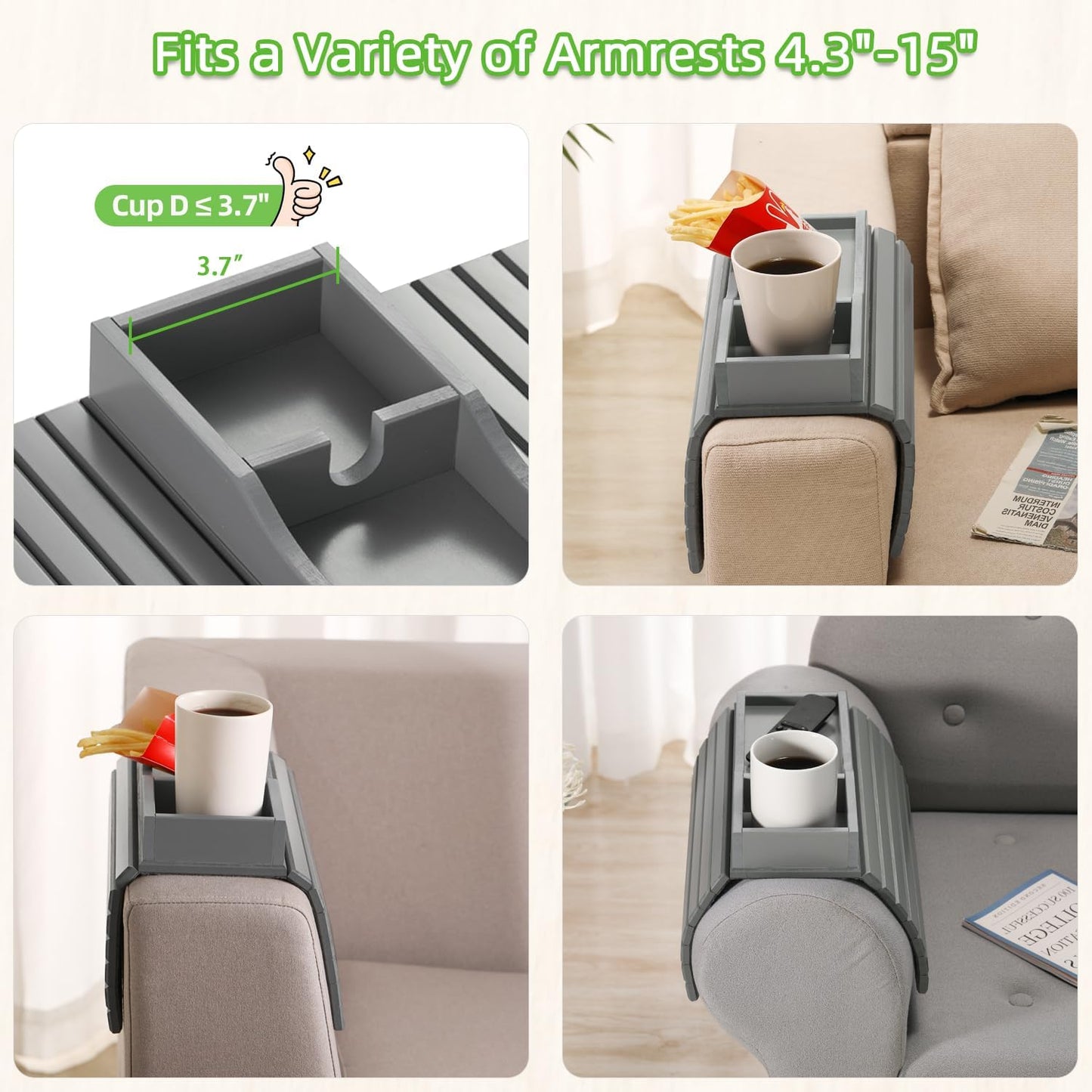 GEHE Couch Cup Holder, Anti Falling Couch Drink Holder, Natural Bamboo Sofa Cup Holder Armrest Tray, More Safe for You Family, Portable Couch Arm Tray Table for Remote/Snacks/Cellphone/Drinks/Cup