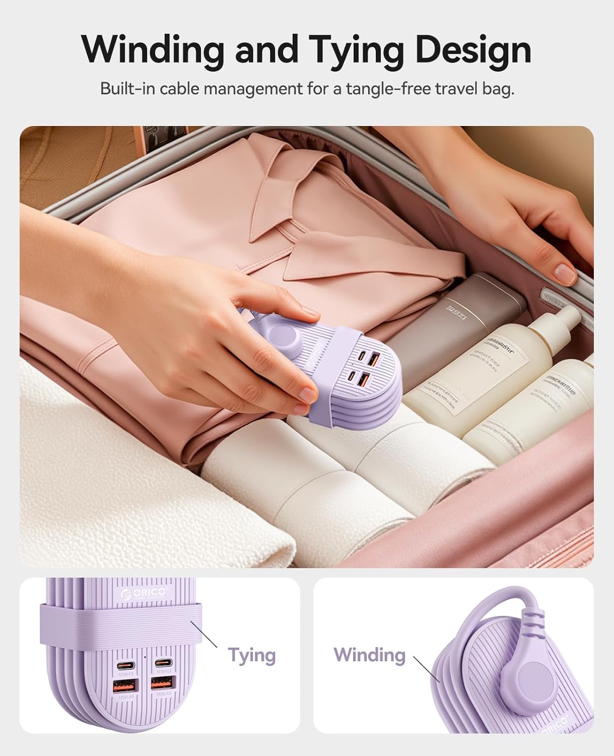 ORICO 65W USB Travel Power Strip, 7 in 1 Charging Station with 3AC, 2 USB-A, 2 USB-C, Flat Plug and 4ft Thin Extension Cord, Fast Charger for MacBook, iPad, iPhone 17/16/15 - TK65