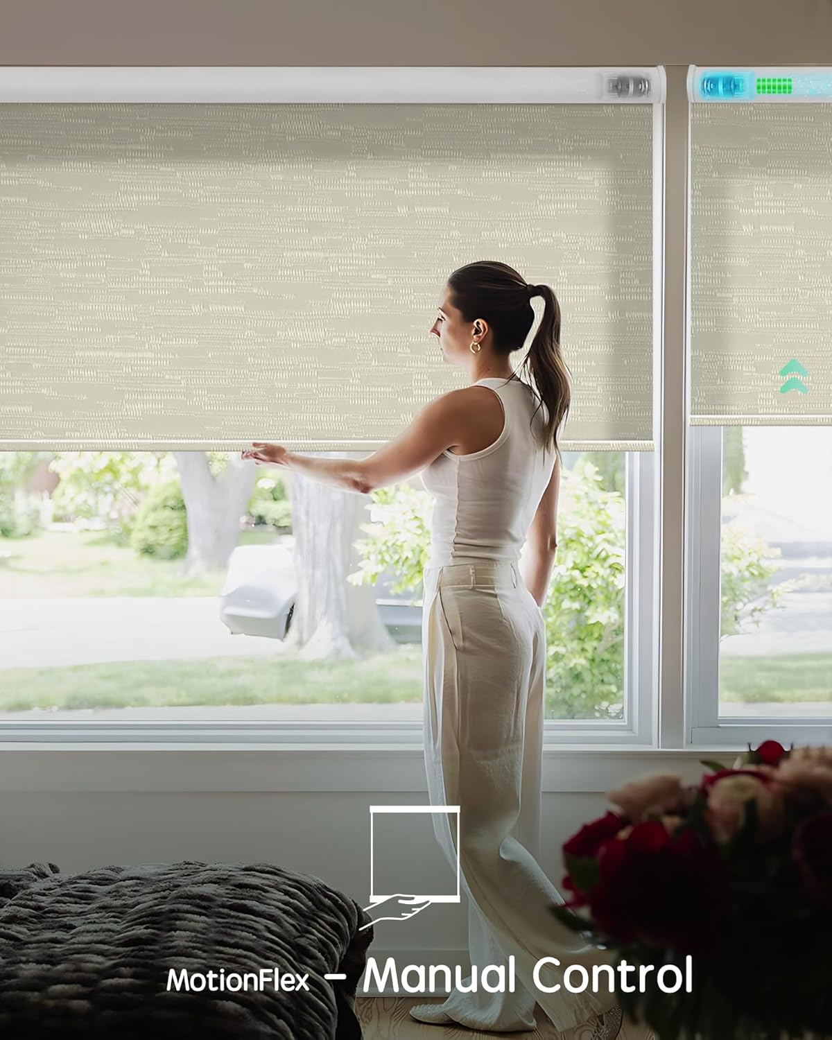 Yoolax Motorized Shades Dual Control, MotionFlex Motorized Roller Shades with App & Manual Control, Pull Down Automatic Shades for Indoor Windows, Custom Size(Light Filtering Jacquard Coffee)