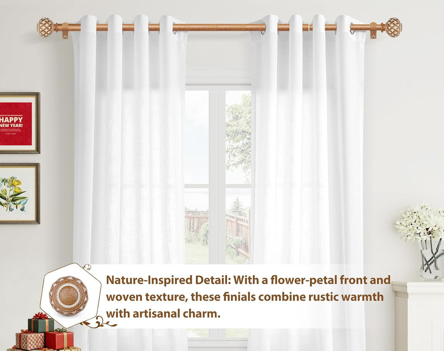 TONIAL Wood Curtain Rod 32 to 120 Inches, 7/8 Adjustable Curtain Rods for Windows 20 to 116 Inches, Splicing Drapery Rods Decorative with Netted Texture Finials
