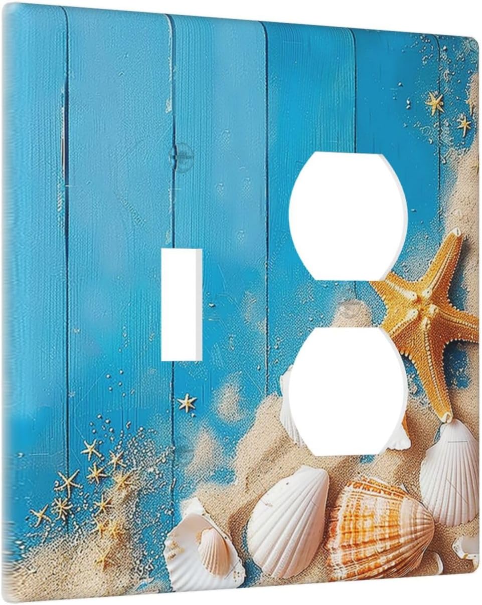 Wallplates Blue Wood Grain Beach Shell Starfish 1 Toggle 1 Duplex Switch Plate Electrical GFCI Faceplate Decorative Light Switch Covers for Bathroom Farmhouse Decor