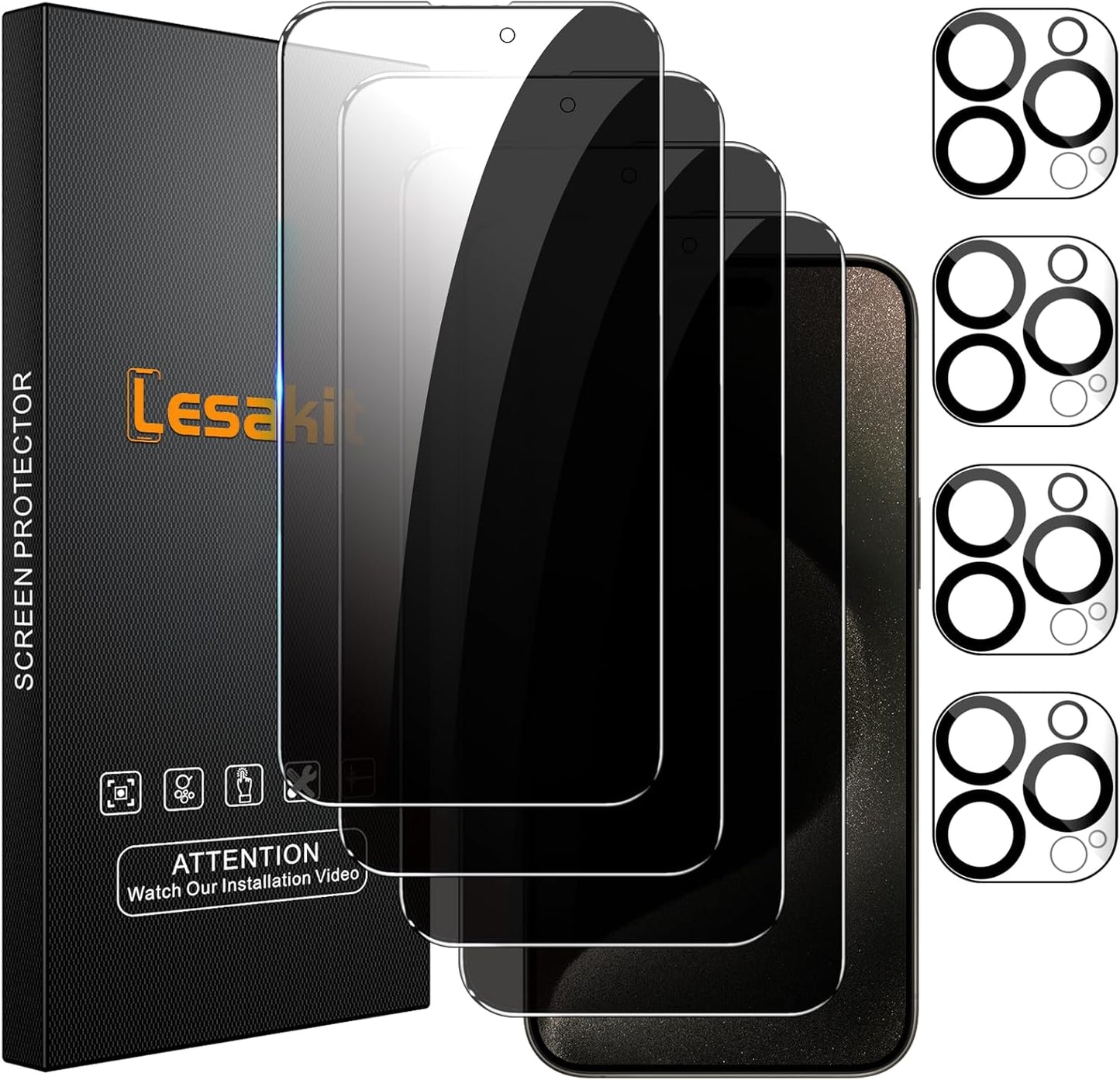 4+4 Pack Privacy Screen Protector for iPhone 15 Pro Max 6.7-Inch with 4 Pack Camera Lens Protector, Anti Spy Tempered Glass Film 9H Hardness Case Friendly