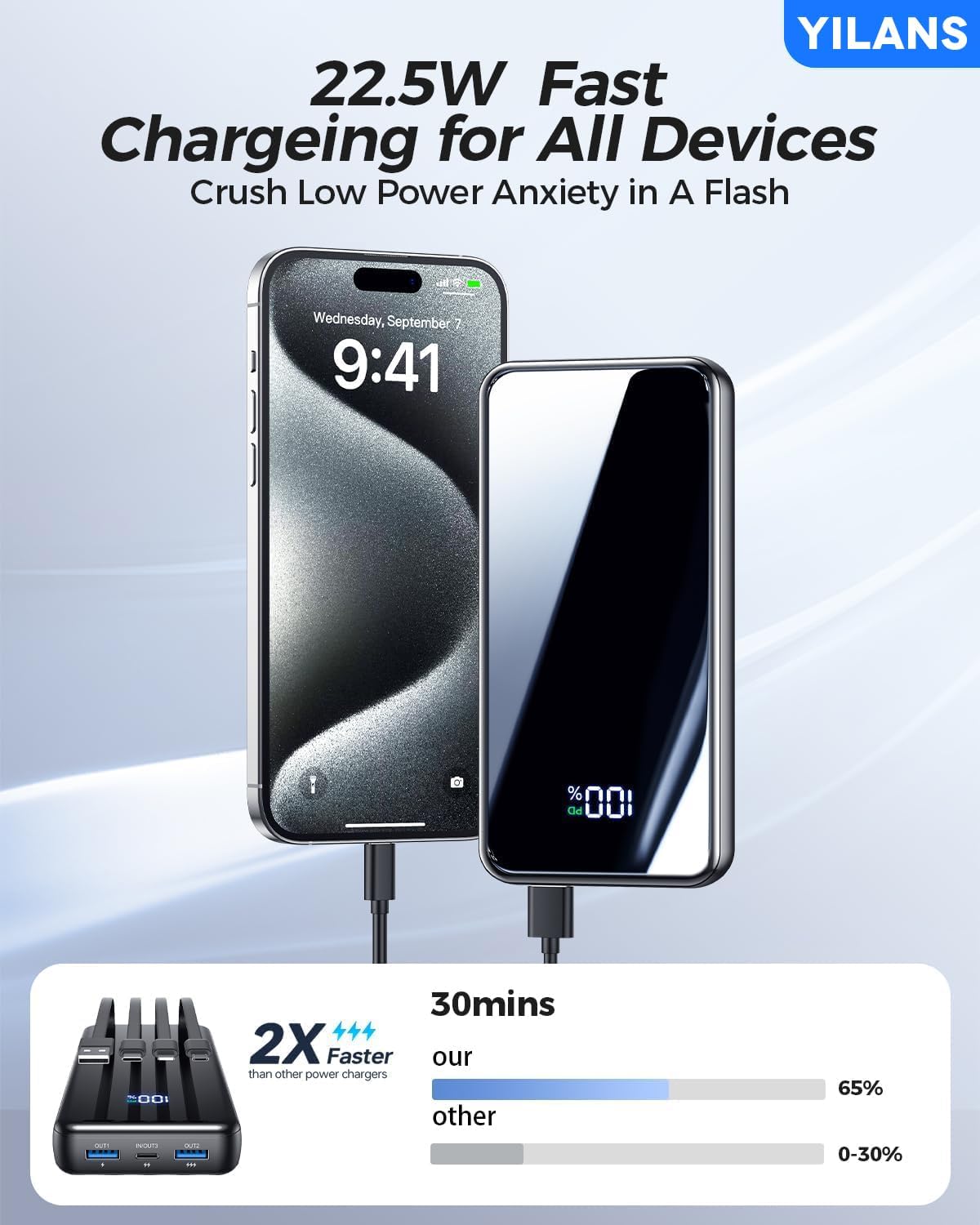 Portable Charger,50000mAh Power Bank Built-in Cable, 22.5W USB C In & Out Fast Charging, External Battery Pack with 6 Output & 2 Input, Travel Phone Charger for iPhone 17/16/15/14/13/12, Android