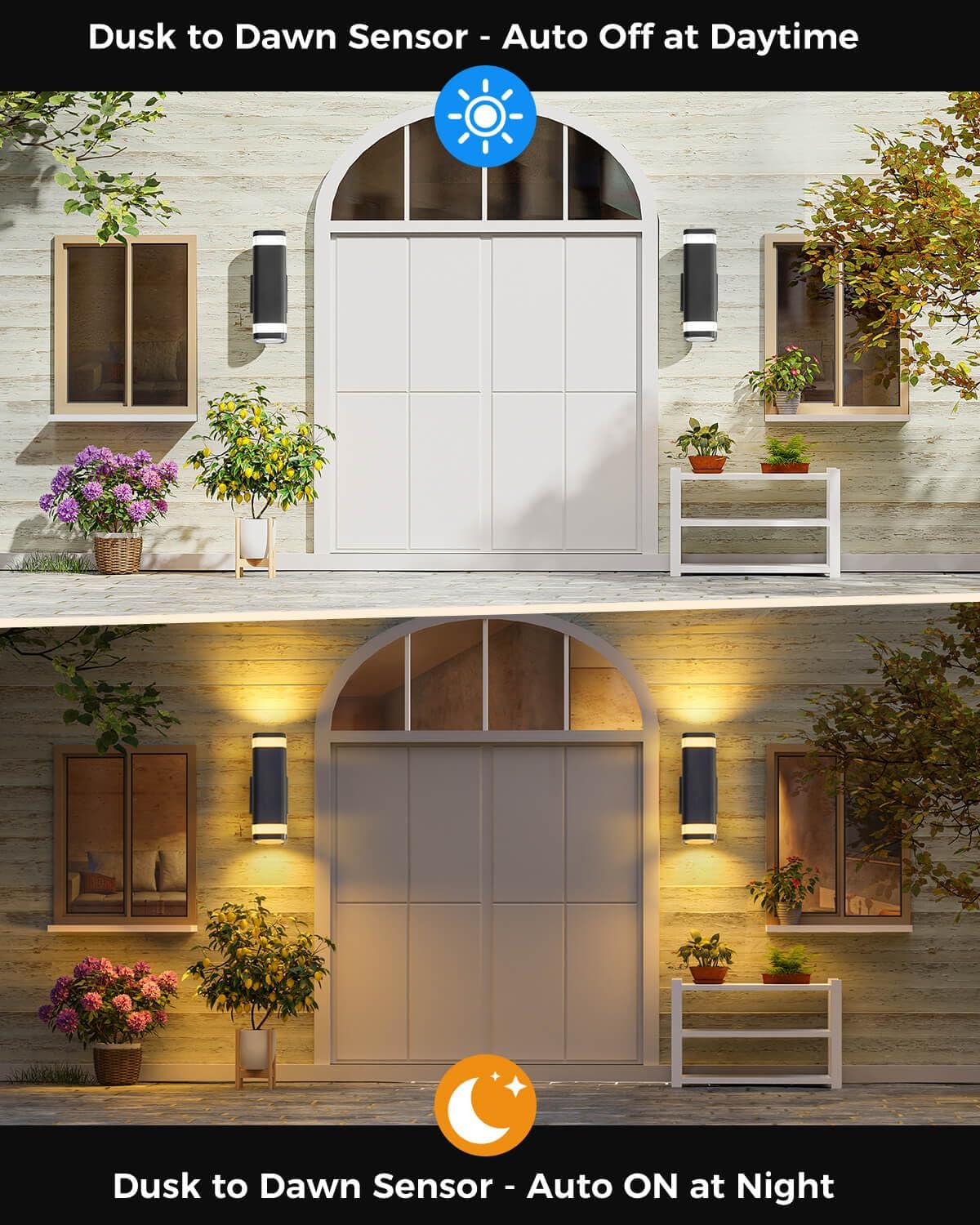 SHIMR Dusk to Dawn Outdoor Wall Light with Sensor, Waterproof Up and Down Exterior Wall Sconce, Modern Black Aluminum Outdoor Light Fixture for Porch Patio Garage, LED Bulbs Included