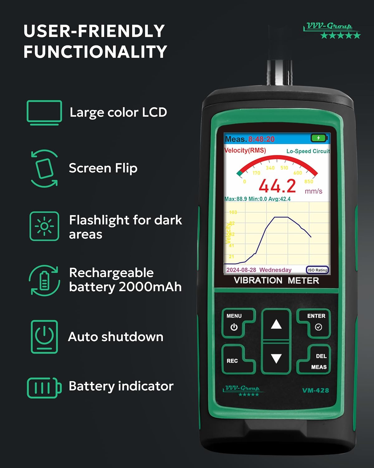 Digital Vibration Meter VM-428 | PC-Connected Analyzer | Measures Acceleration (0.1–300 m/s²), Velocity (1–850 mm/s), Displacement (1–3300 μm), Frequency (30Hz–14kHz) | for Industrial Equipment