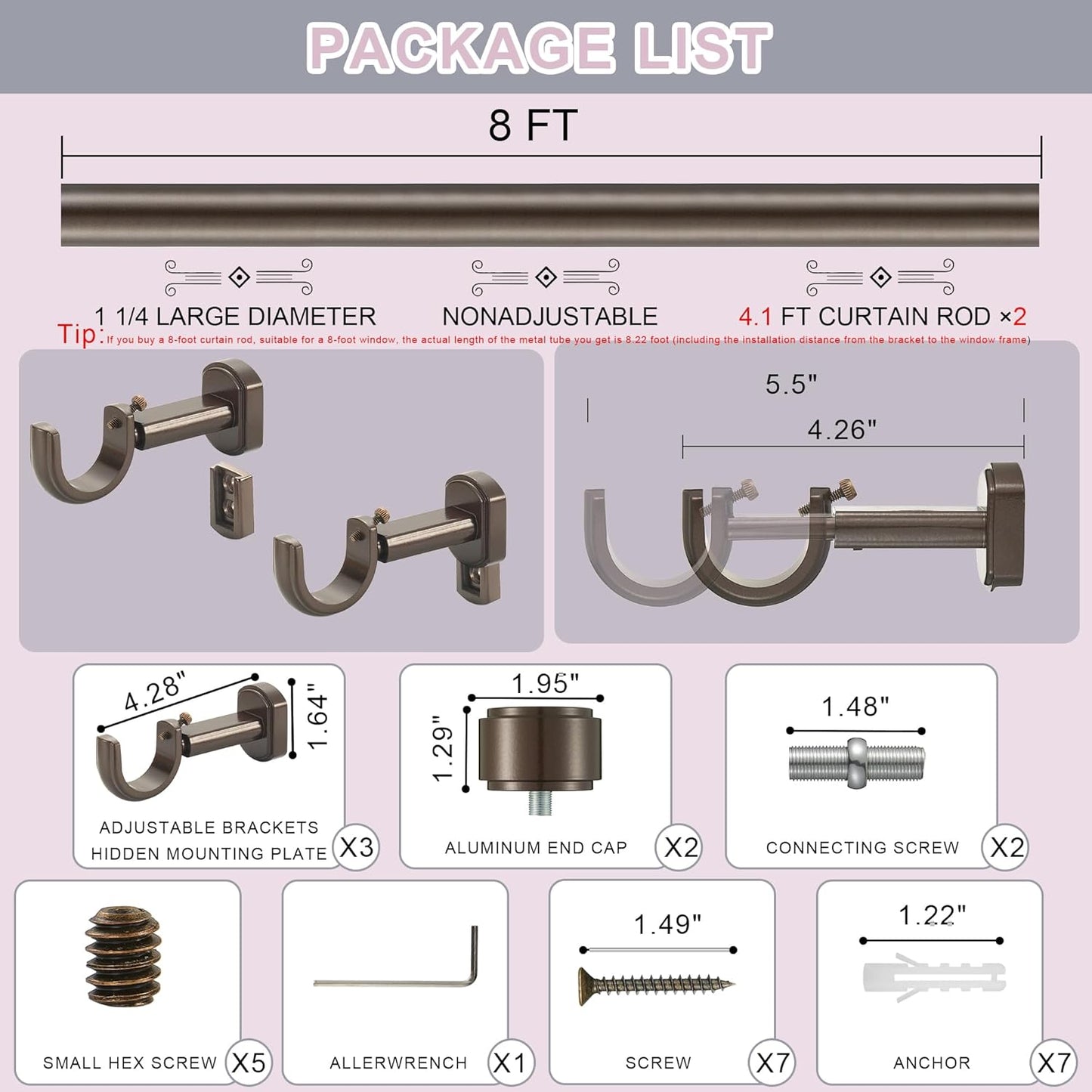 Heavy Duty Curtain Rods,1 1/4" Large Diameter Premium Nonadjustable Curtain Rod,96in/8ft Custom Window Treatment Rods with Durable Aluminum Brackets and End Caps,Dark Bronze Finish