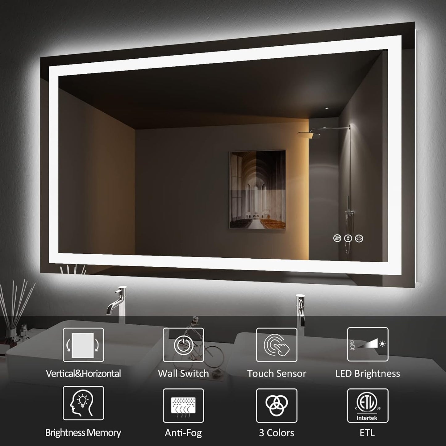 Amorho LED Bathroom Mirror, 60" X32" with Front and Backlight, Stepless Dimmable Wall Mirrors with Anti-Fog, Shatter-Proof, Memory, 3 Colors, Double LED Vanity Mirror