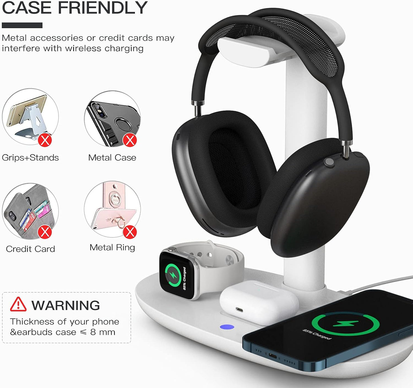 Headphone Stand with 15w Wireless Charger, Suguder 4 in 1 Charging Station Headset Holder for AirPods Max/Pro/4/3/2 iWatch 10/9/8/7/6/5/4/3/2/1/SE iPhone 17/16/15/14/13/12/11/X for Desktop Table Game