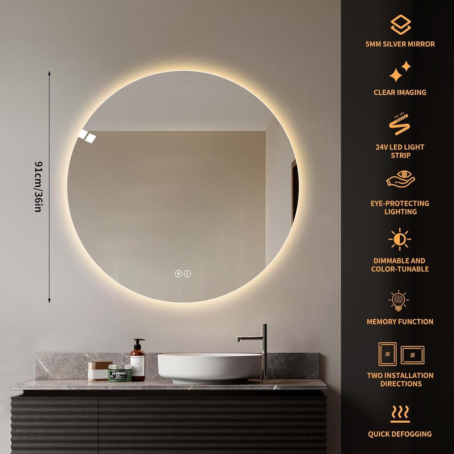 Round LED Bathroom Mirror with Light, Backlit Mirror for Bathroom, Frameless LED Smart Vanity Mirror with 3 Color Lights, Anti-Fog, Smart Touch Button, Shatter-Proof, IP65, 90+ CRI (36" L x 36" W)