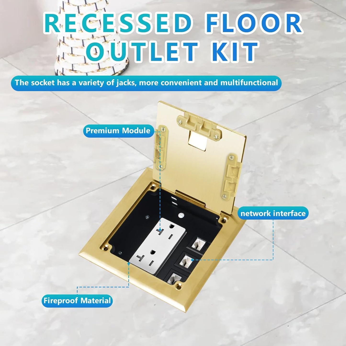 KYHSHJ Recessed Flat Hidden Socket Kit with 20 Amp Stainless Steel TR Receptacle Outlet Stainless+3-Port RJ45 Datacom Receptacle.Internal Height Adjustable，Corrosive Resistant Hardware，Brass