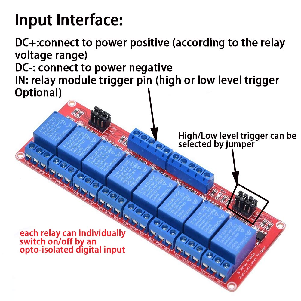 Relay Module with Optocoupler High/Low Level Trigger for Arduino (5, 5V Relay 8 Channel)