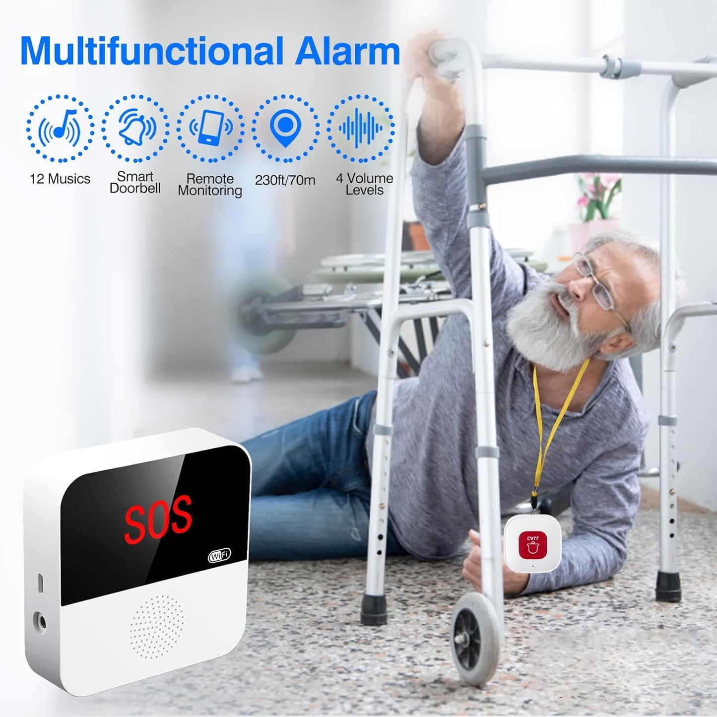 WiFi Elderly Monitoring, Caregiver Pagers Life Alert Systems for Seniors no Monthly Fee, 1 Receiver & 2 Panic Button, Compatible with Tuya Smart/Smart Life APP (Only Supports Wi-Fi 2.4GHz )
