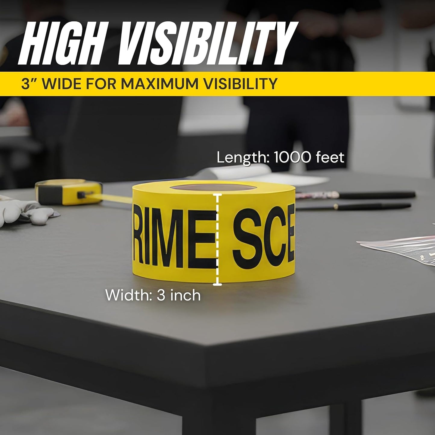 Crime Scene Do Not Cross Tape 3 inch X 1000 feet • Bright Yellow with a Bold Black Print • 3 in. Wide for Maximum Readability • Tear Resistant Design