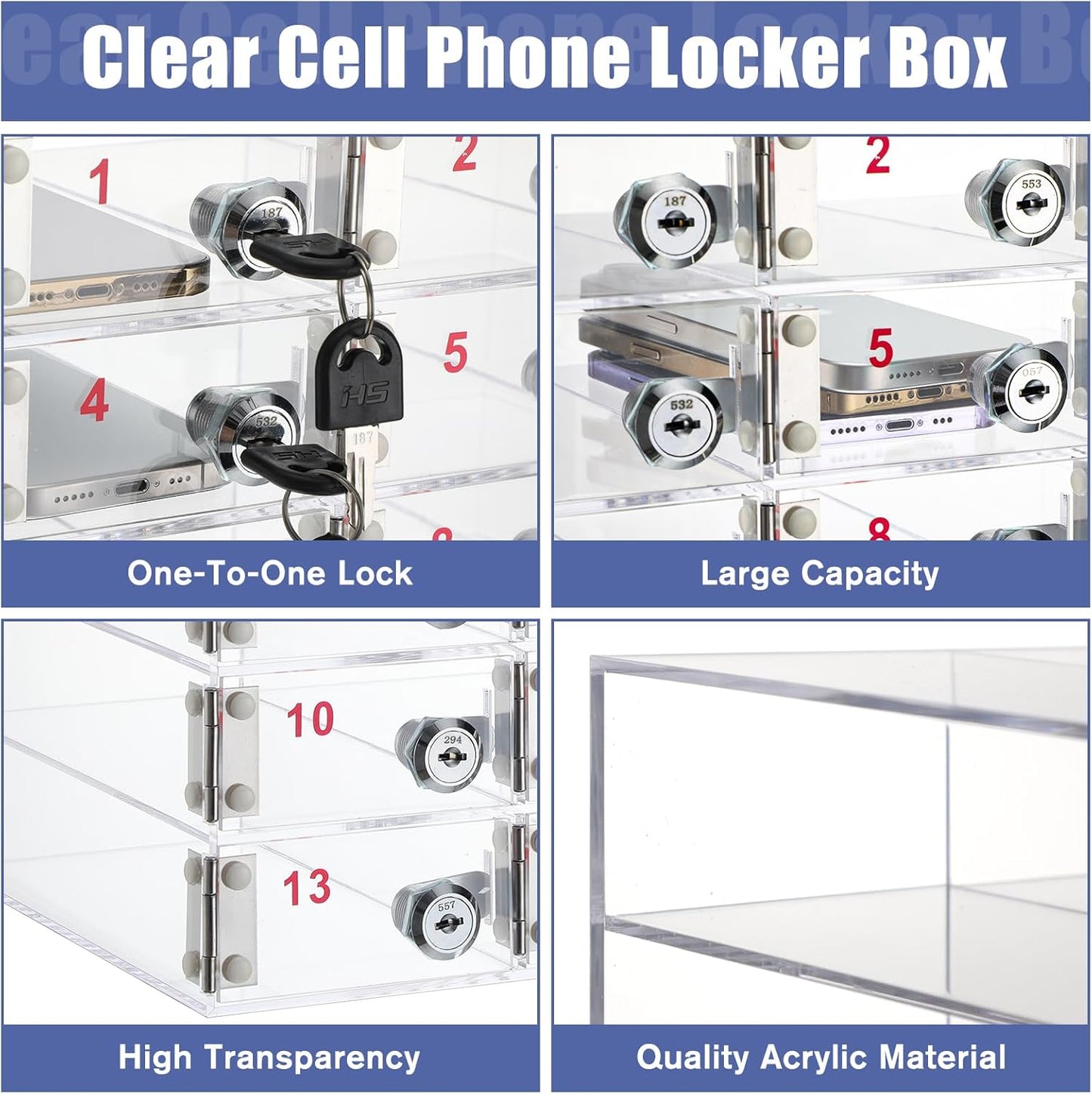 Layhit 15 Slots Cell Phone Locker Box for Classroom Clear Acrylic Cell Phone Storage Cabinet Bin with Door Locks for Classroom School Students Office Factory Employees