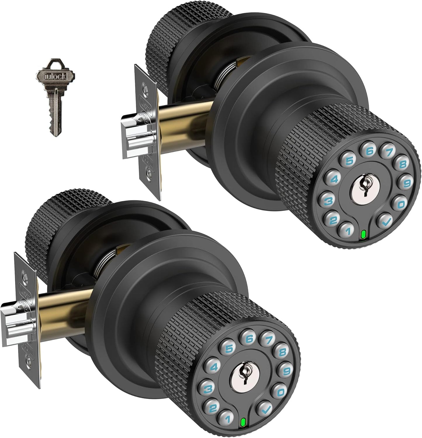 Smart Door Knob with Keypad and Key,Keyless Entry Door Lock with Rubber Grip, Auto Lock,50 User Code,Waterproof, Easy to Install and Program for Bedroom (Matte Black Same Key 2 Pack)