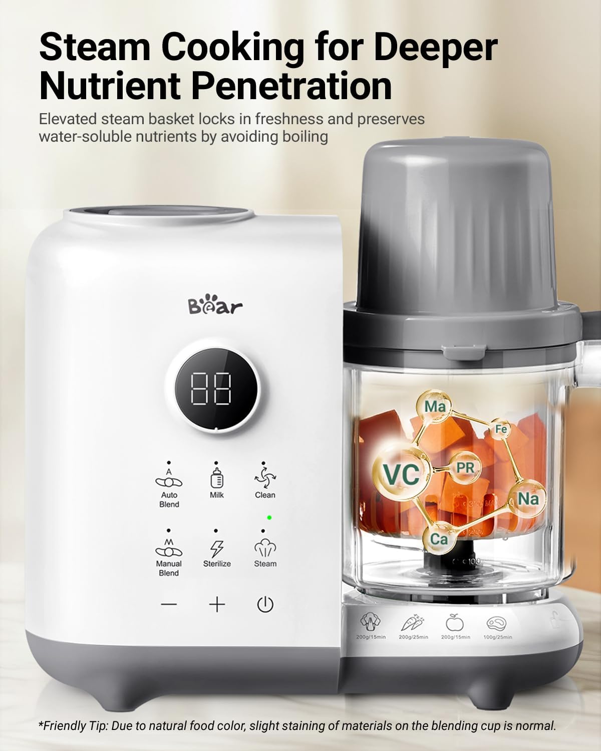 Bear Baby Food Maker with 18.5oz Dual-Layer Steam Baskets, OneStep Baby Food Processor Steamer Puree Blender Grinder Mills, Auto Cooking Grinding&Sterili-zing for Healthy Homemade Baby Food, BPA-Free