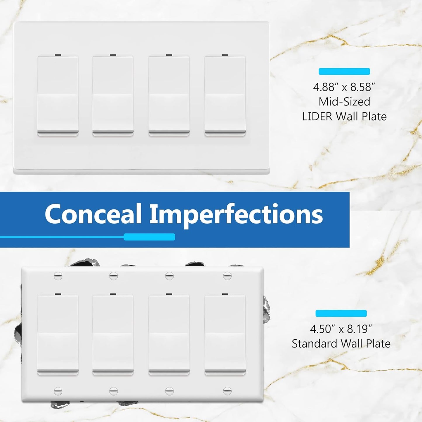 LIDER Matte Finish Quadruple Decorator Switch Cover, Screwless Wall Plate, Mid-Size 4-Gang 4.88" x 8.58", Polycarbonate Thermoplastic, UL Listed, LSWP-34M-W2P, White, 2 Pack