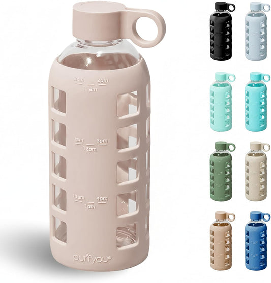 purifyou 40oz / 32oz / 22oz / 12oz Borosilicate Glass Water Bottle with Time & Volume Markers, Silicone Sleeve, Stainless Steel Lid | Reusable Glass Bottle for Water & Juice (22oz Hazelnut)