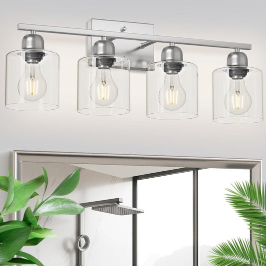 Modern Brushed Nickel 4 Light Bathroom Light Fixtures, 24 inch Vanity Lights for Bathroom with Clear Glass, Vanity Lights for Mirror Kitchen Living Room Hallway Cabinet Porch