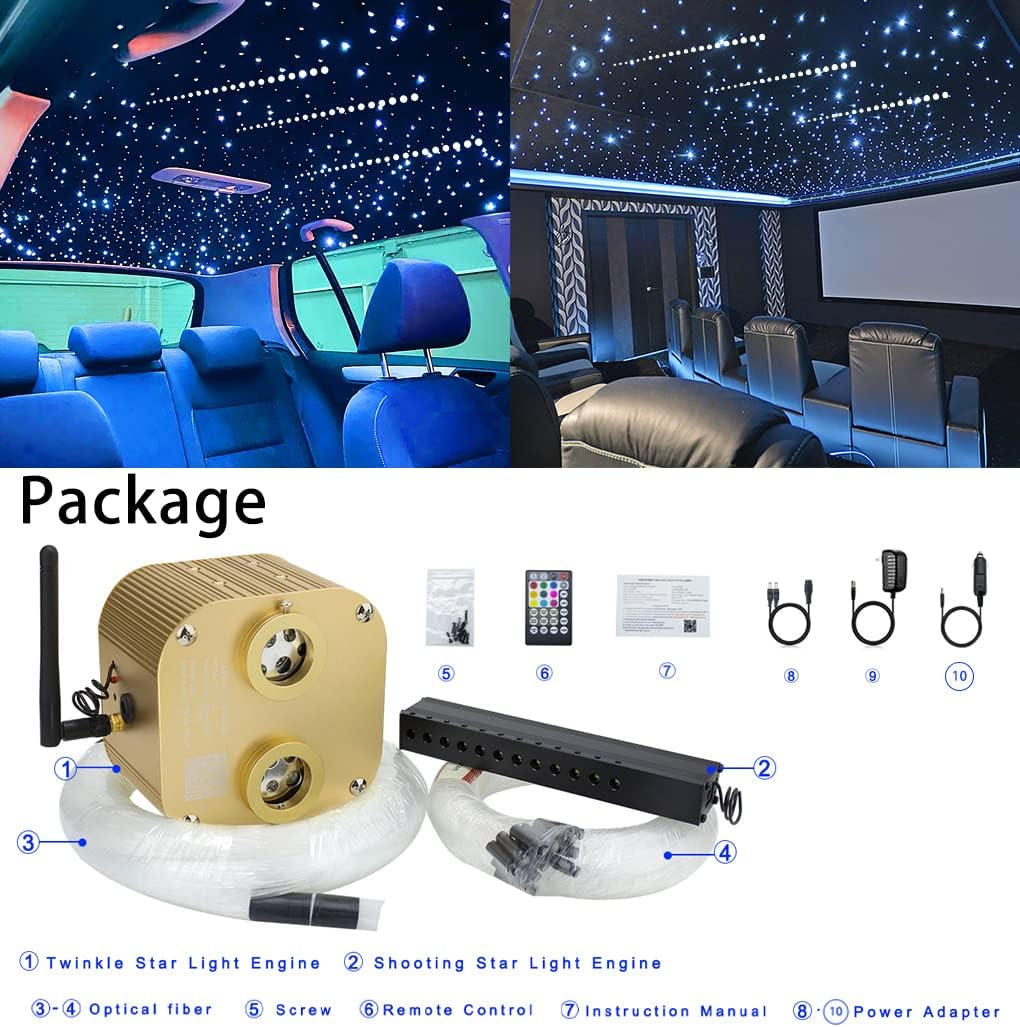 AZIMOM Bluetooth Dual-Port 20W Twinkle Fiber Optic Lights Meteor Shooting Star Ceiling Lighting Kits Mixed 860pcs*13.1ft Fiber Strands RGBW Music Remote APP Control Light Source Home Car Ceiling Décor