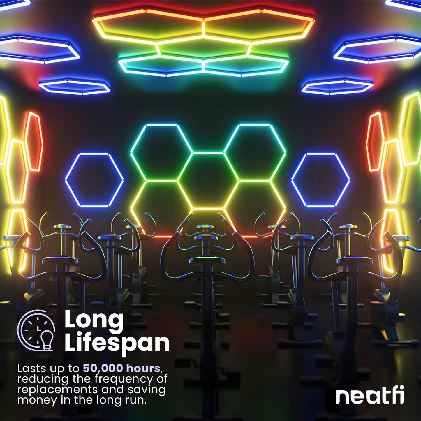 Neatfi LED Hexagon Garage Lights, 43.2W, Honeycomb Ceiling Light for Auto Shops, Car Detailing, Workshop, Gym, Basement, Warehouse, Barber Shop and Beauty Salons (5 Hex Grids, RGB)