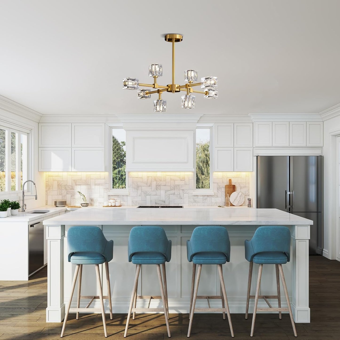 Sputnik Chandeliers for Dining Room Light Fixture, Modern Crystal Chandelier, 8-Lights Gold Semi Flush Mount Ceiling Light for Living Room Bedroom, Dining Room,Kitchen Island