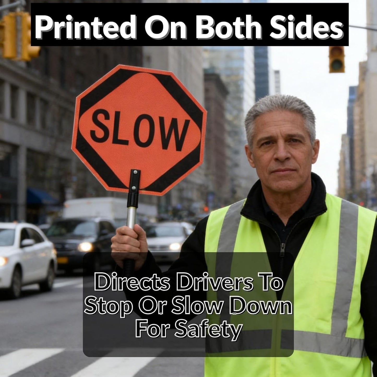 BESEA 18 Inch Handheld STOP & SLOW Sign, Double-Sided Reflective Paddle for Traffic Control, School Crossings, Construction Zones,Caution Areas Durable Non-Telescopic Handle, High-Visibility Safety Sign