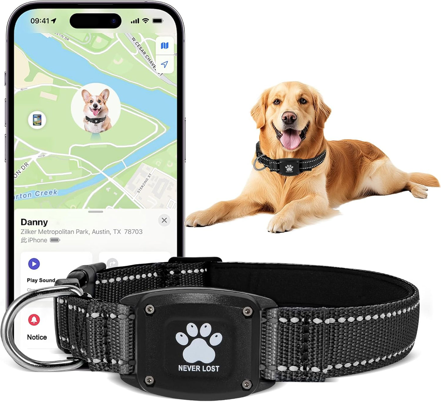GPS Dog Collar Tracker 2-in-1,Reflective Waterproof Pet Collar,iOS-Only,No Monthly Fees,Unlimited Range,Ideal for Dog Tracking pet Tracker,for Small Medium Large Dogs(M (15"-20.5"), Black)