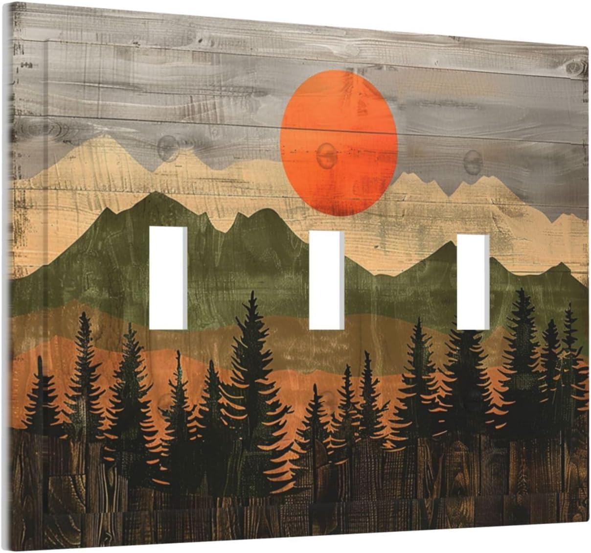 Decorative Switch Plates Vintage Wood Grain Sun Forest Mountains 3 Gang Wall Plate Triple Toggle Light Switch Cover Faceplate Electrical Wall Panels for Farmhouse Cabin Decor
