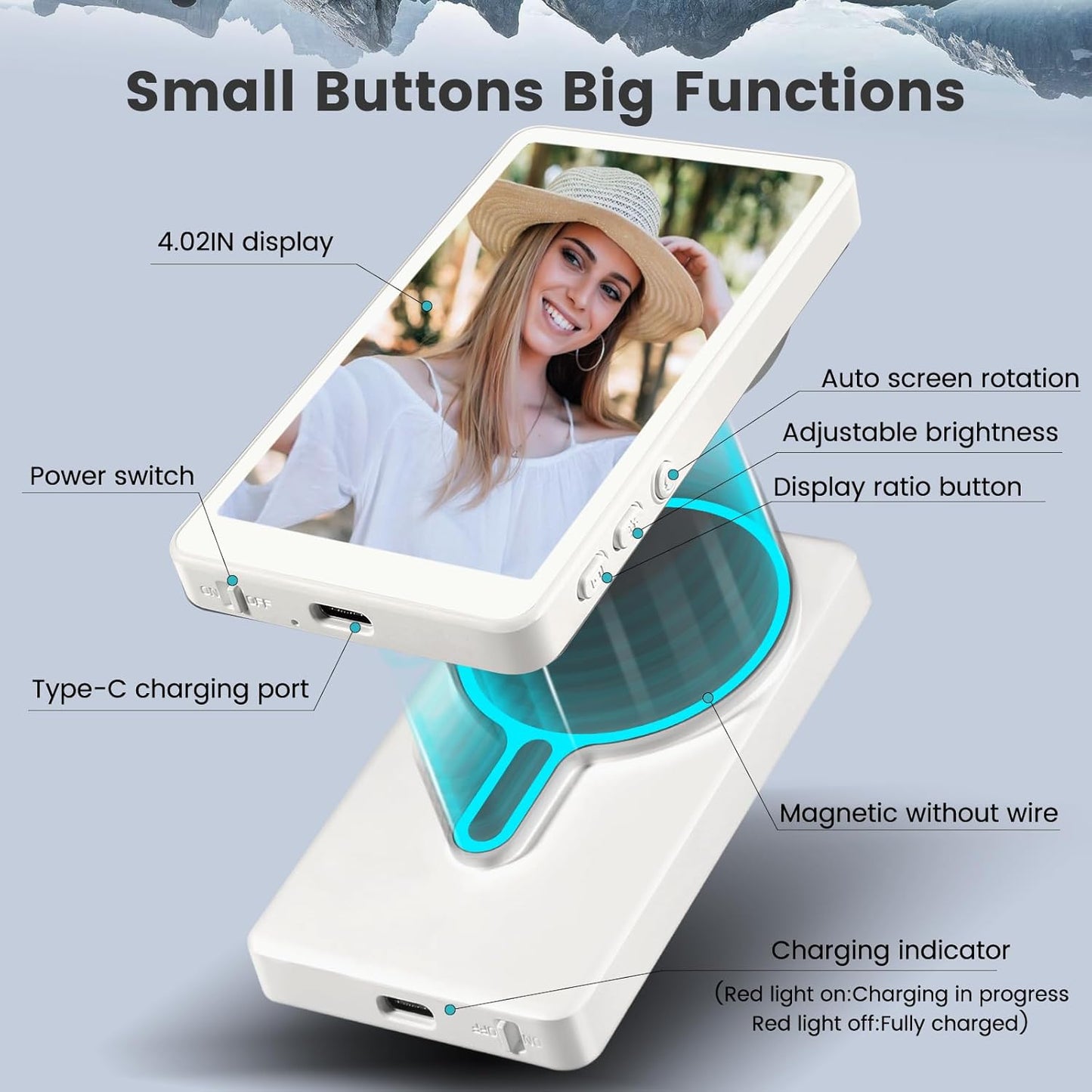 Magnetic Phone Vlog Selfie Monitor Screen,1080P Wireless Recording,Back Camera Selfie Monitor with Bluetooth Remote Control,for Selfie Vlog Live Broadcast,Compatible with iPhone and Android System