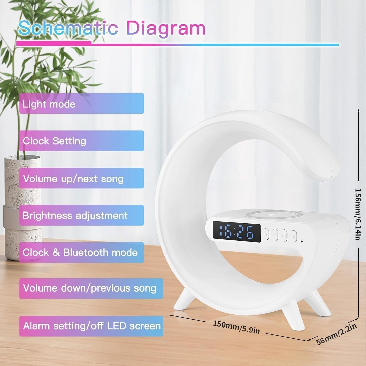 2026 New Smart Mini Table Lamp with Wireless Charger, Bluetooth Speaker Alarm Clock, Night Light for Bedroom Office Desk, Gifts for Kids Teens Chirstmas（Black）