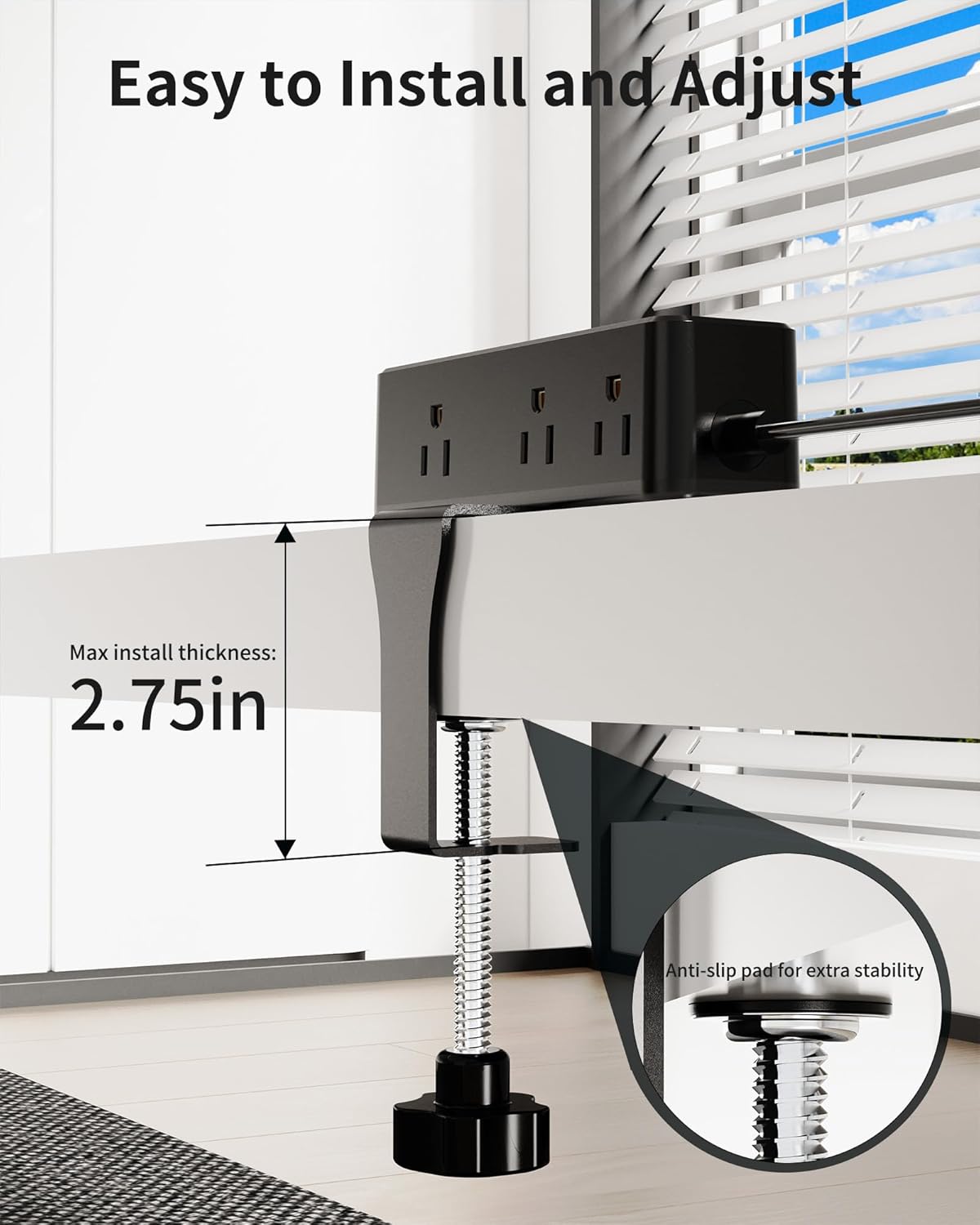 Desk Clamp Power Strip, Desktop Edge Mount Charging Station with 9 AC Outlets 4 USB (2 USB C), Fit 2.75" Tabletop, Under Desk Surge Protector 1700J, 10 Ft Extension Cord for Home Office, Black