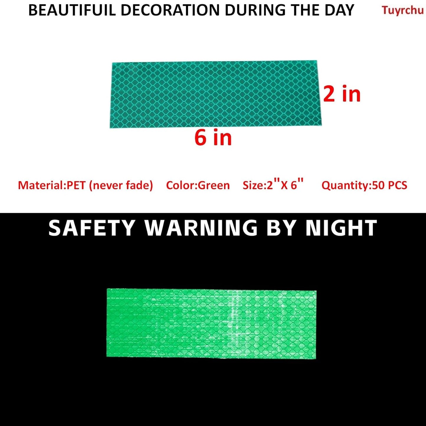 Non Fading Green Reflective Stickers 2 inch X 6 inch, Outdoor Waterproof High Visibility Warning Safety Adhesive Reflector Tape (50 Pcs)