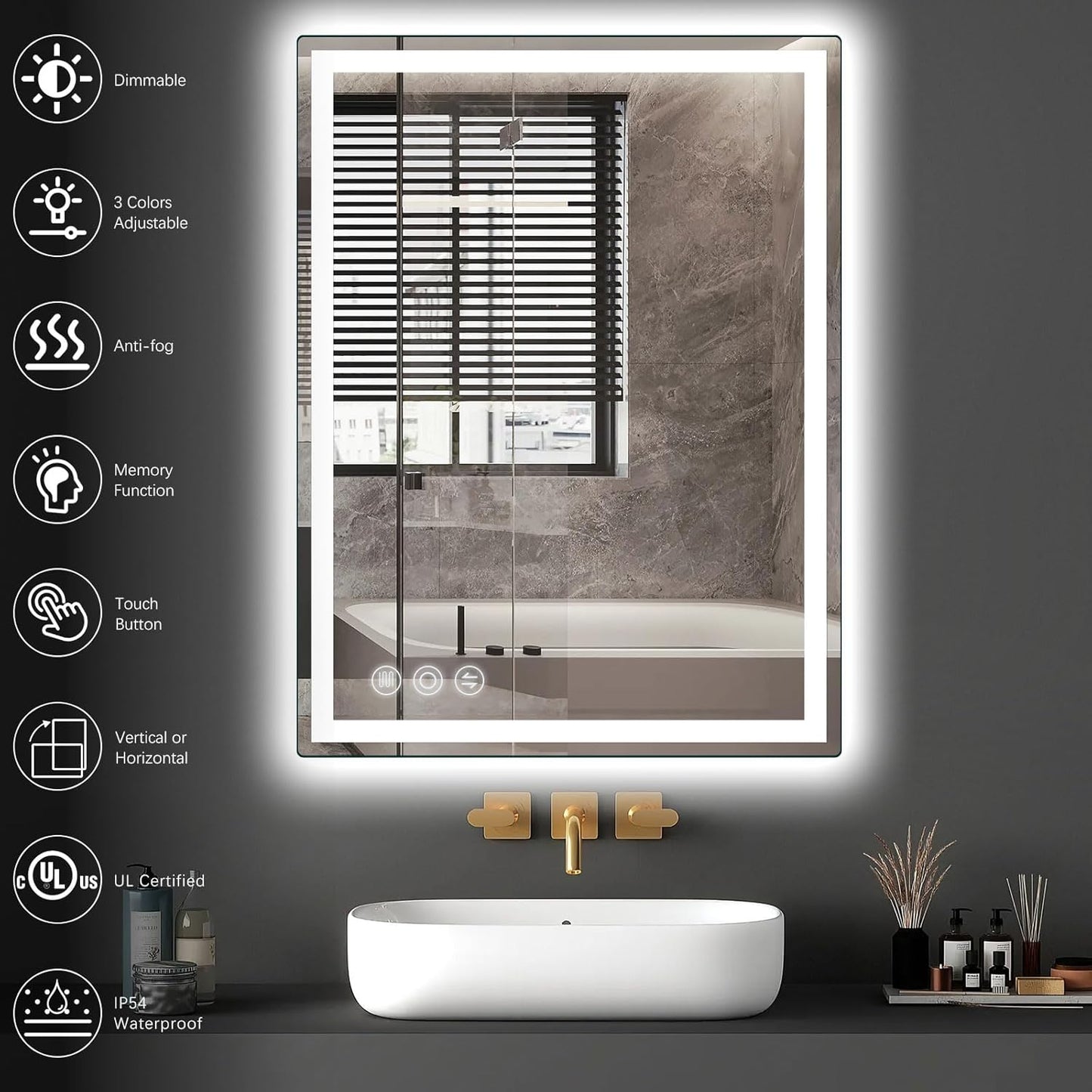 LED Bathroom Mirror 24"x 40" with Frontlit and Backlit, Anti-Fog, Stepless 3 Colors Temperature & Dimmable, Memory Tempered Glass