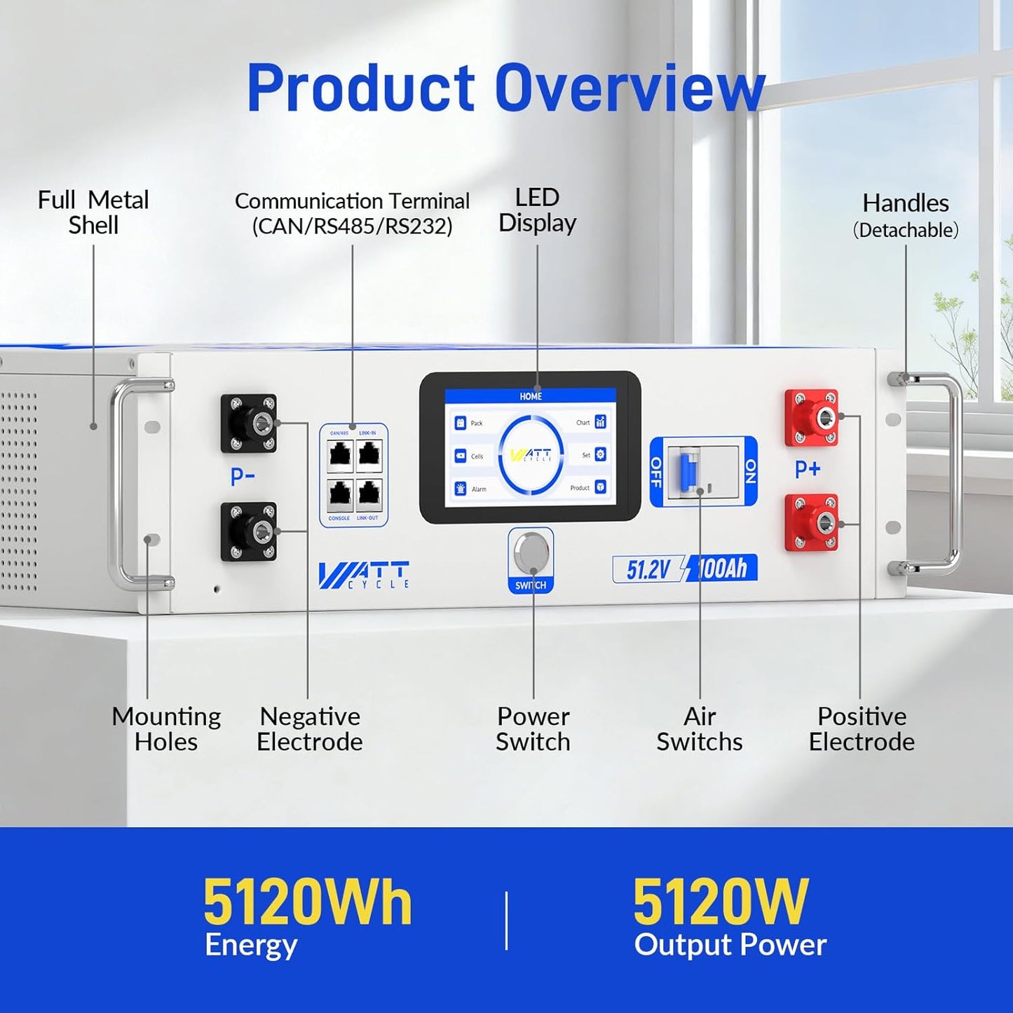 Wattcycle 48V 100Ah LiFePO4 Lithium Battery 100A BMS, 3U Server Rack Mount Battery 5120Wh, with LCD Touchscreen & Bluetooth, 6000+ Cycles Perfect for Home Storage, Solar, RV, Off-Grid, UPS Backup