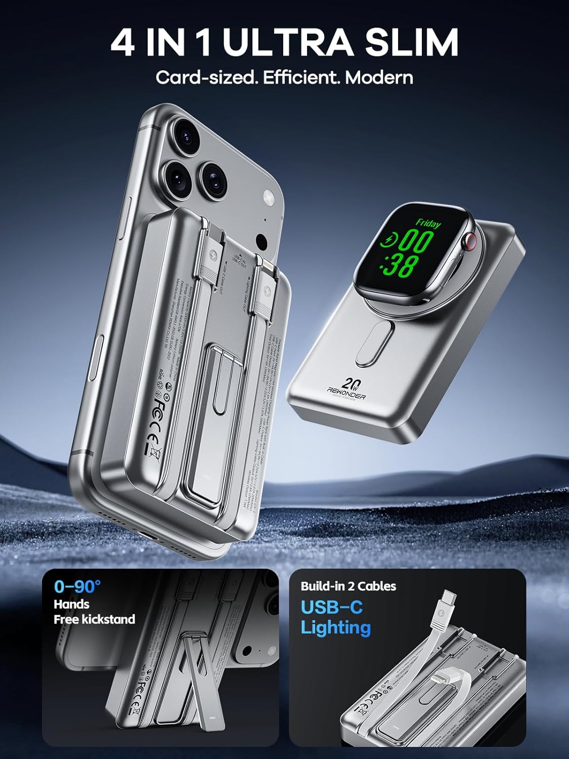 REWONDER Magnetic Portable Charger, 10000mAh PD 20W Portable Charger Power Bank with Built-in 2 Cables, Travel Essential Magsafe Battery Pack for iPhone 17/16/15/14/13/12 & Apple Watch Ultra/11/10/9