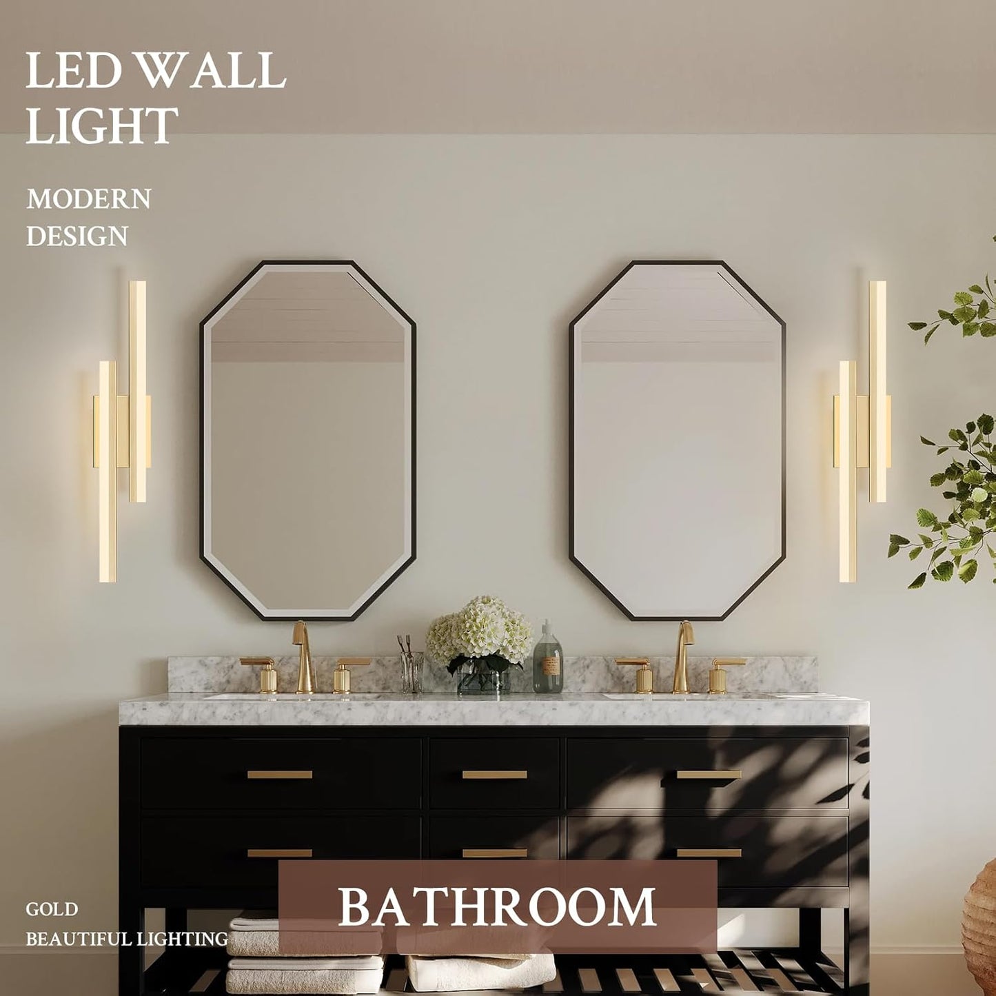 LED Wall Sconce Set of 2 Gold Remote Modern LED Vanity Lights Set of 2 Indoor Wall Light Fixtures for Living Room, Dimmable Wall Sconce for Bedside Bedroom Bathroom, 23.6inch 2 Pack