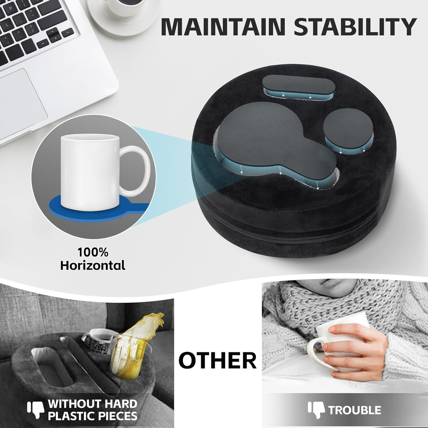 G GOOD GAIN Couch Cup Holder Pillow, Cute Sofa Drink Cup Holder Cozy Buddy | Desk Organizer for Mugs, Snacks, Phone, Makeup | Bed Caddy Tray for Car, Beach, Picnic, Boat, RV, Table (Black)
