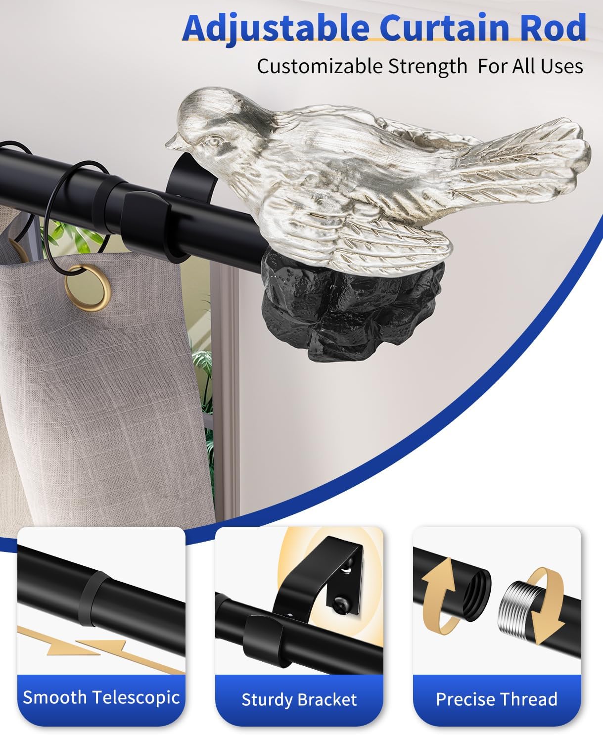 Vintage Pewter Curtain Rod 36 to 120 Inches Curtain Rods for Windows Adjustable Heavy Duty Drapery Rod with Bird Finials for Living Room Bedroom