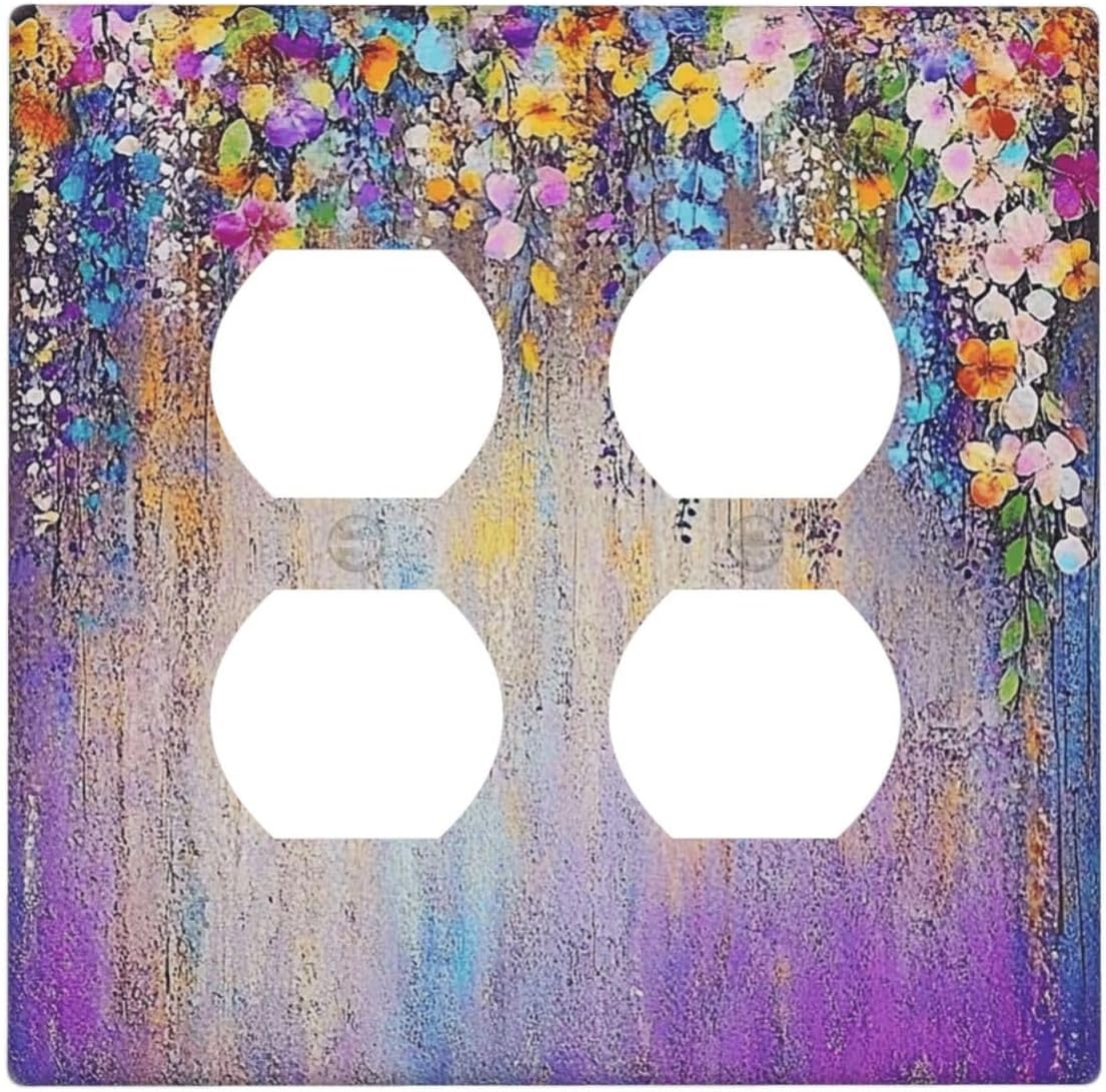 Colorful Country Flower Wildflower Floral Outlet Covers 2 Gang Double Duplex Decorative Light Switch Covers Electrical Wallplates Socket Faceplate For Bed Room Living Room Decor