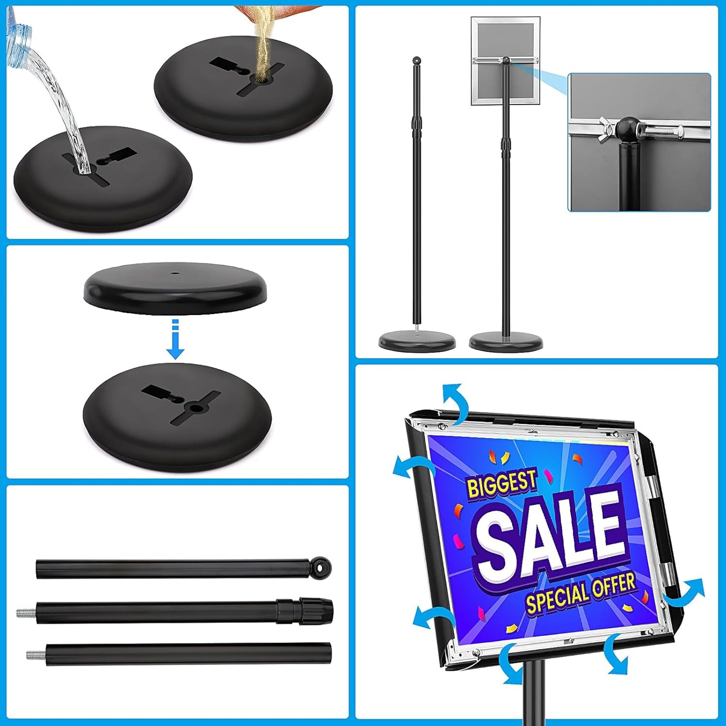 Adjustable Sign Holder Stand 8.5x11 inch,Pedestal Floor Signage Standing Holder with Heavy Duty Base, Aluminum Snap Open Frame Display for Business Restaurant, Mall,Schools-2 Pack