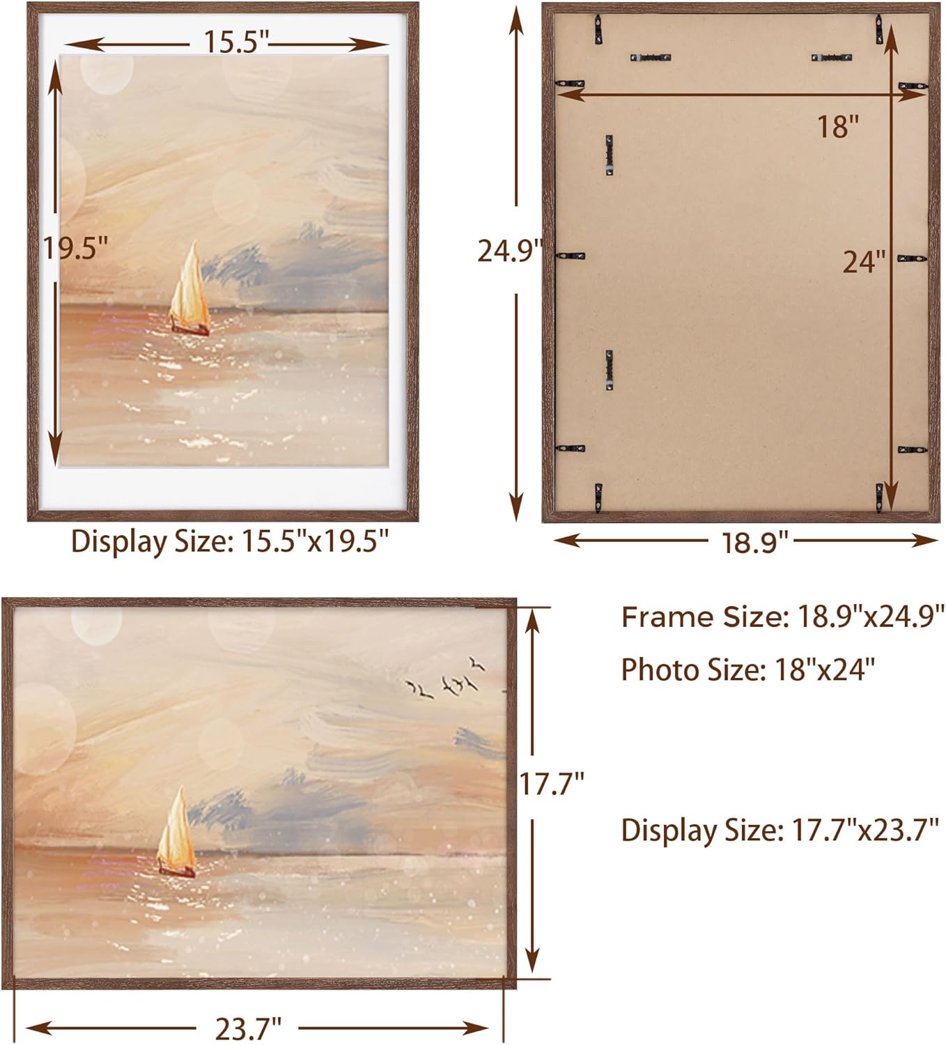 Fun Memories 18x24 Poster Frame, Solid Oak Wood 18 by 24 Picture Frame Set of 2, 18x24 Wood Frames with Tempered Glass, 18 x 24 Frame with Mat for 16 x 20, Large Wooden Art Frame, Walnut Color