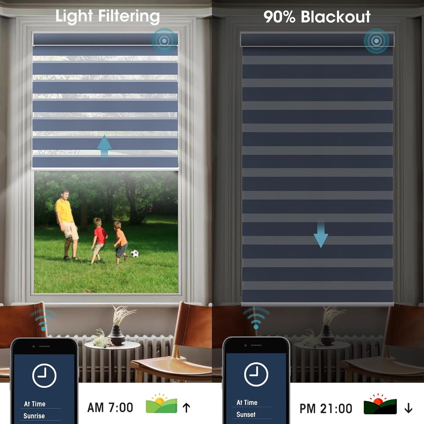 SmartWings Motorized Zebra Shades with Valance Work with Homekit Thread Alexa Z-Wave Smart Dual Layer Shades with Remote Control, Automatic Horizontal Window Blind, 90% Blackout 95mm Astrid Blue