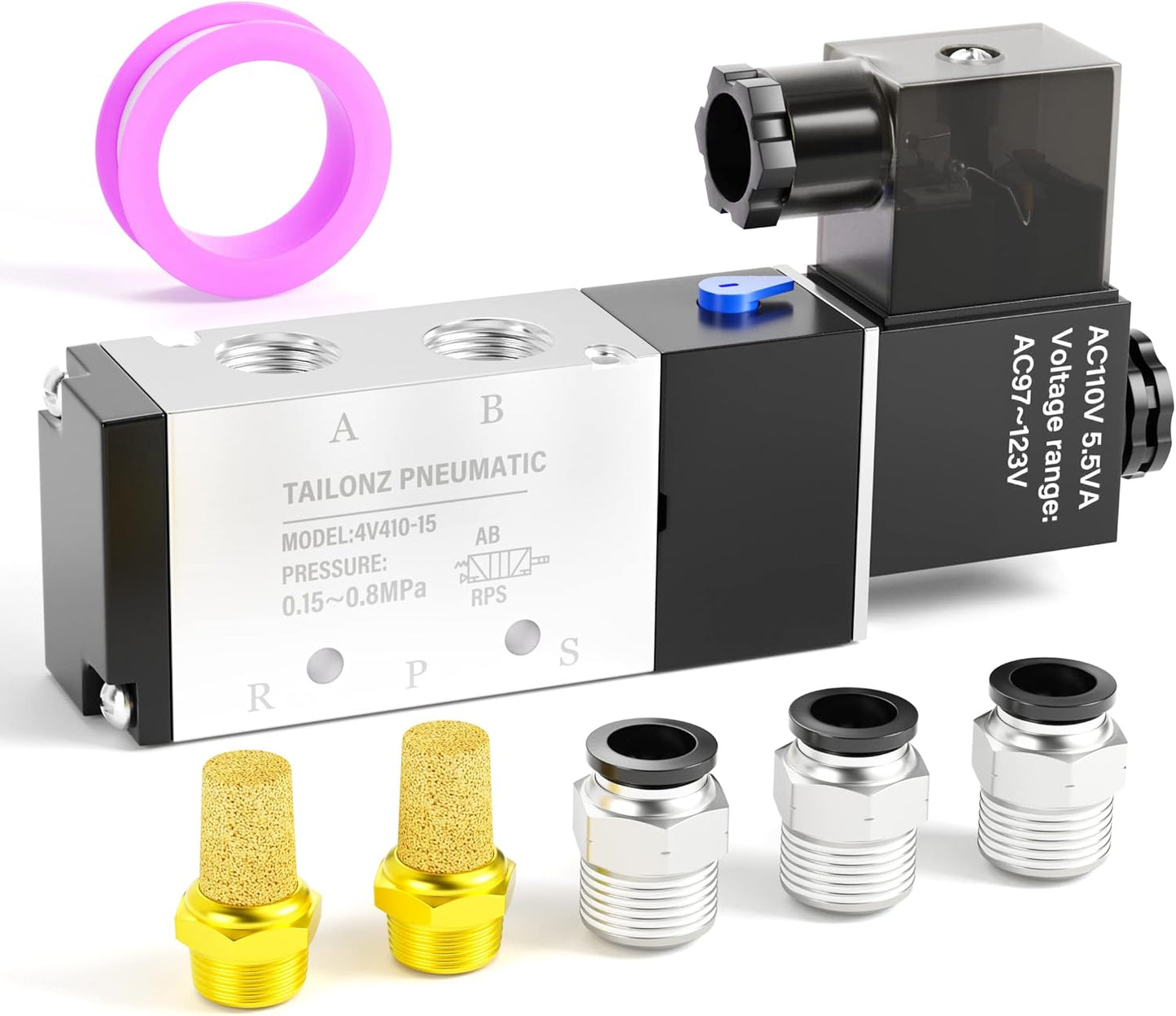 TAILONZ PNEUMATIC 1/2"NPT Solenoid Valve 4V410-15 AC110V Single Coil Pilot-Operated Electric 2 Position 5 Way Connection Type Junction Box