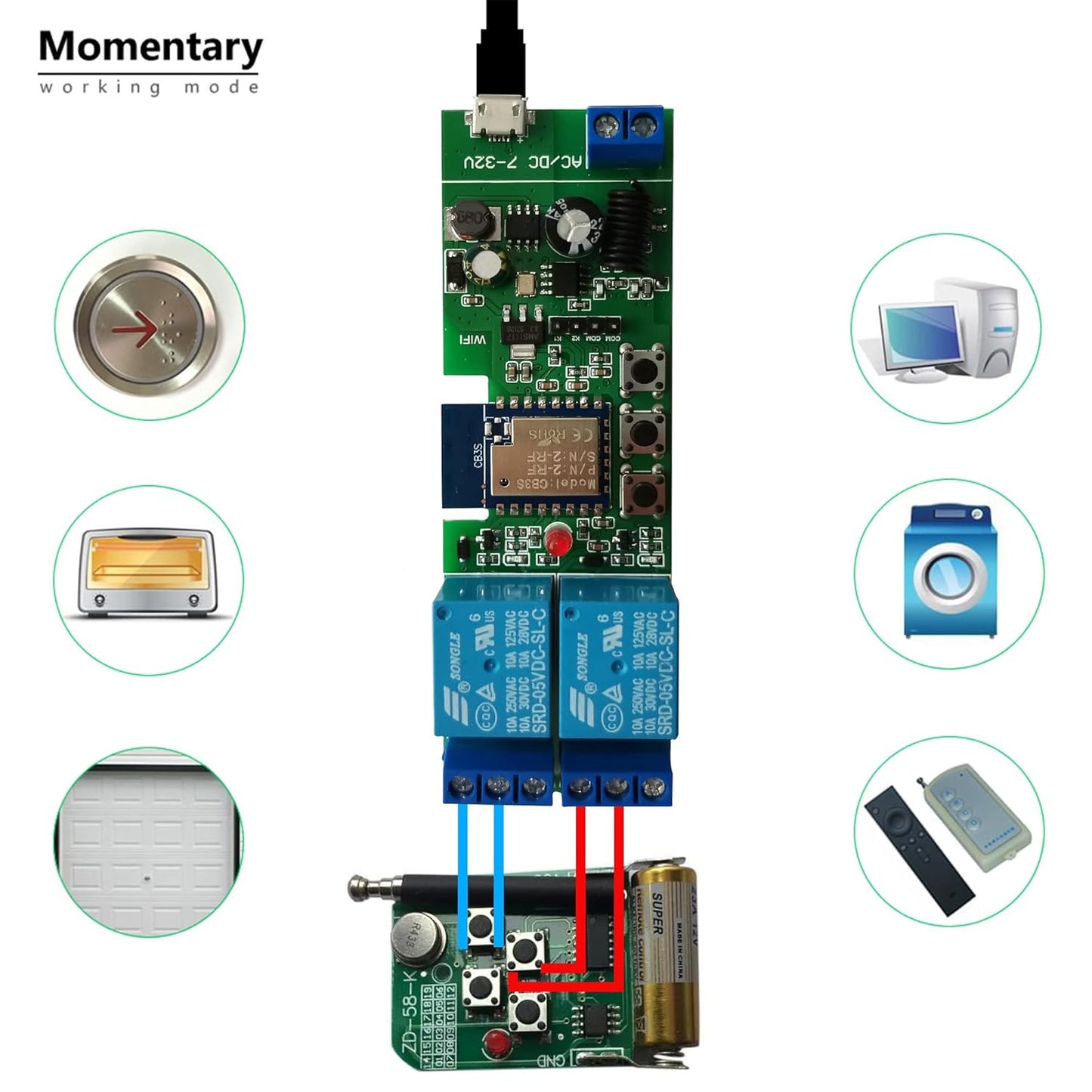 Jane Eyre WiFi Wireless Relay Module 2 Channel Remote Switch Momentary/Self-Locking Relay for Tuya/Smart Life APP with 433MHz RF Remote Control Compatible with Alexa and Google Assistant